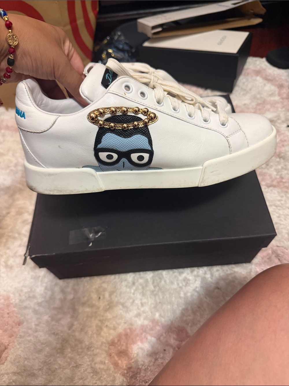 Dolce & Gabbana White Leather Sneakers with Blue Character and Gold Stud Halo